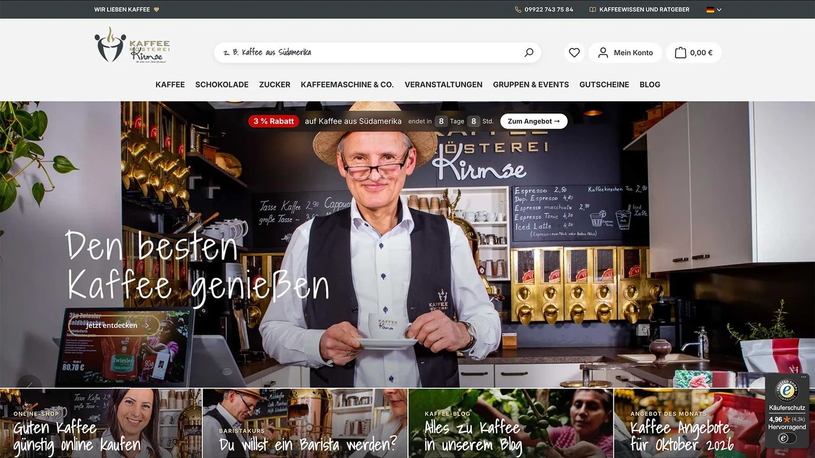 Shopware-Onlineshop der Kaffeerösterei Kirmse, umgesetzt von allesecht. aus Zwiesel